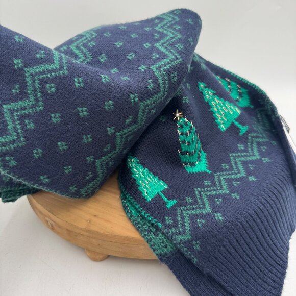 Talbots Whimsy Fair Isle Scarf blue green Trees Holiday Festive Navy Green Gold - Picture 9 of 10